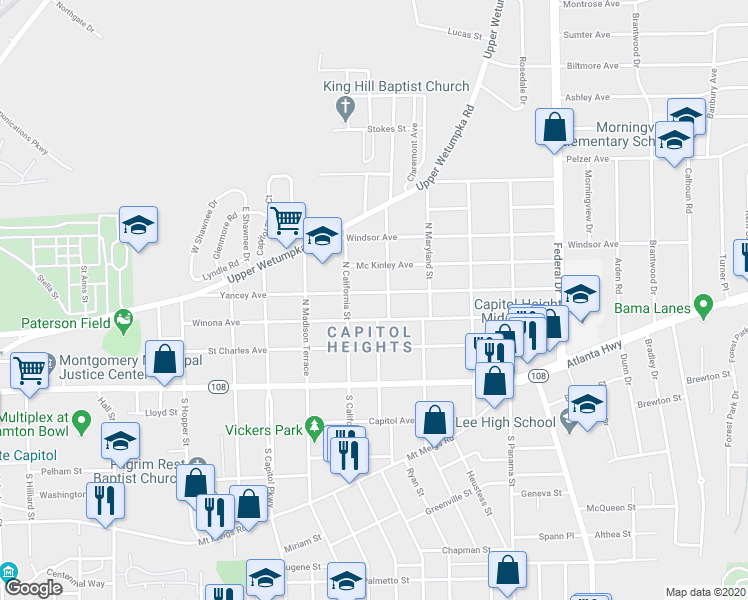 map of restaurants, bars, coffee shops, grocery stores, and more near 1936 Yancey Avenue in Montgomery