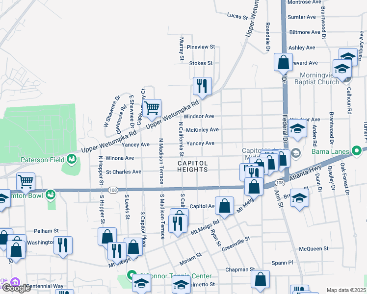 map of restaurants, bars, coffee shops, grocery stores, and more near 1902 Yancey Avenue in Montgomery