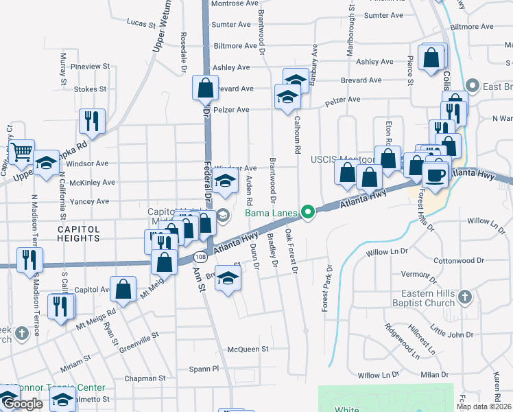 map of restaurants, bars, coffee shops, grocery stores, and more near 14 Arden Road in Montgomery