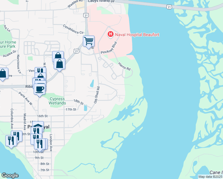 map of restaurants, bars, coffee shops, grocery stores, and more near 641 Fort Frederick Cir in Port Royal