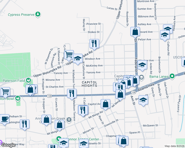 map of restaurants, bars, coffee shops, grocery stores, and more near 1936 Yancey Avenue in Montgomery