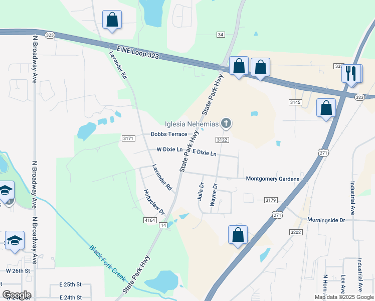 map of restaurants, bars, coffee shops, grocery stores, and more near 5799 State Park Hwy in Tyler