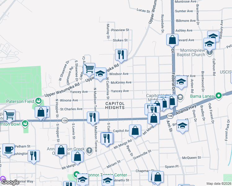 map of restaurants, bars, coffee shops, grocery stores, and more near 1928 Yancey Avenue in Montgomery