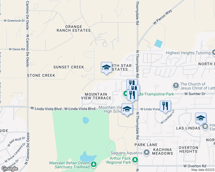 map of restaurants, bars, coffee shops, grocery stores, and more near 9757 North Sherbrooke Street in Tucson