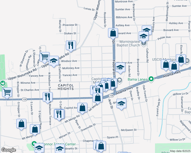 map of restaurants, bars, coffee shops, grocery stores, and more near 2218 Yancey Avenue in Montgomery