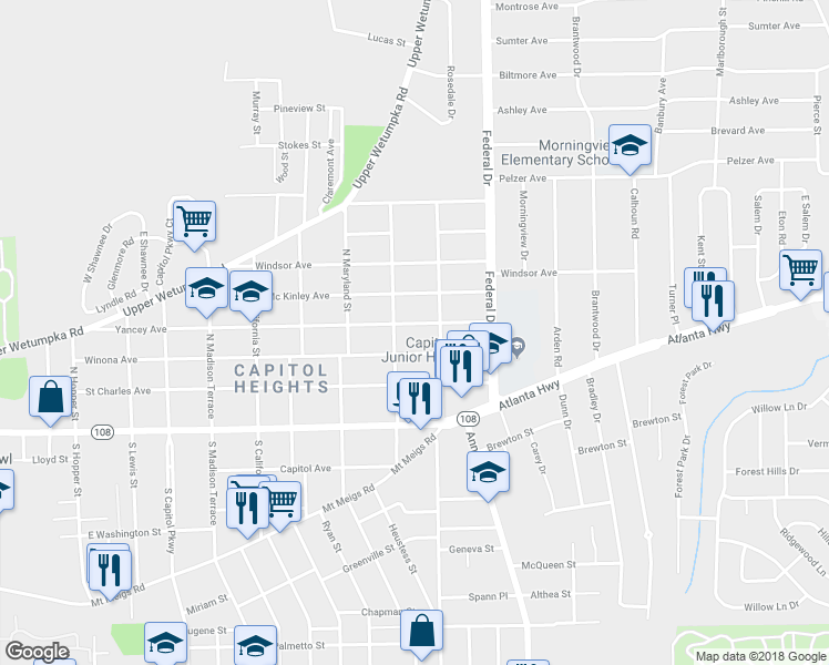 map of restaurants, bars, coffee shops, grocery stores, and more near 2222 Yancey Avenue in Montgomery