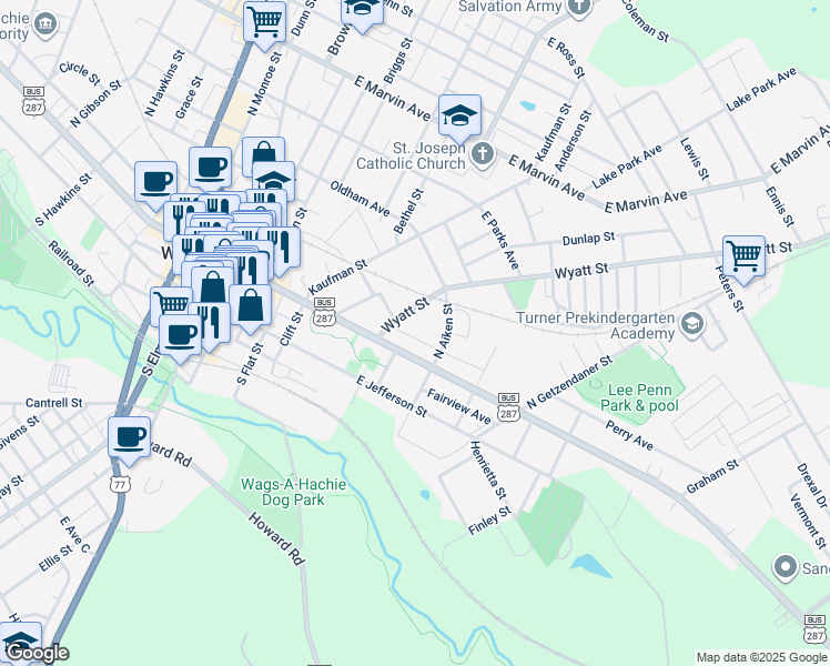 map of restaurants, bars, coffee shops, grocery stores, and more near 106 Frierson Street in Waxahachie