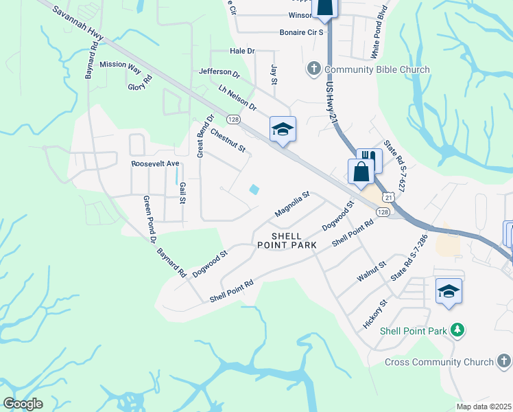 map of restaurants, bars, coffee shops, grocery stores, and more near 206 Great Bend Drive in Beaufort