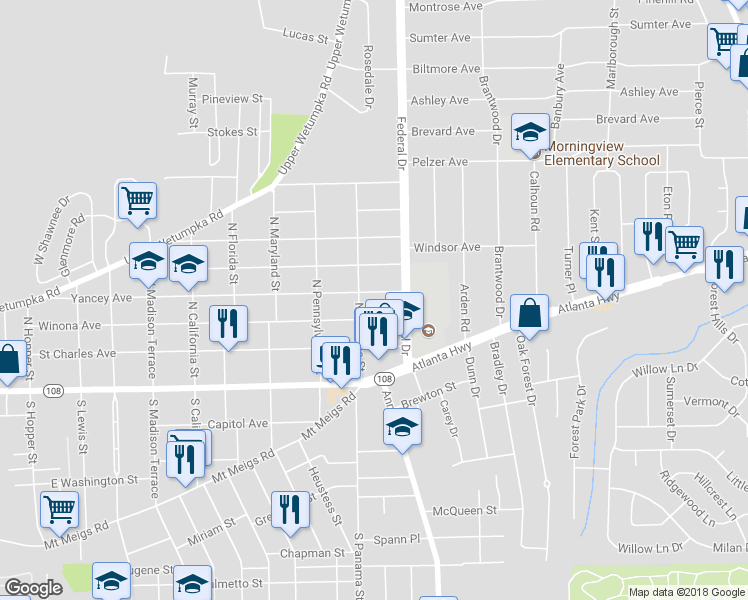 map of restaurants, bars, coffee shops, grocery stores, and more near 2314 Yancey Avenue in Montgomery