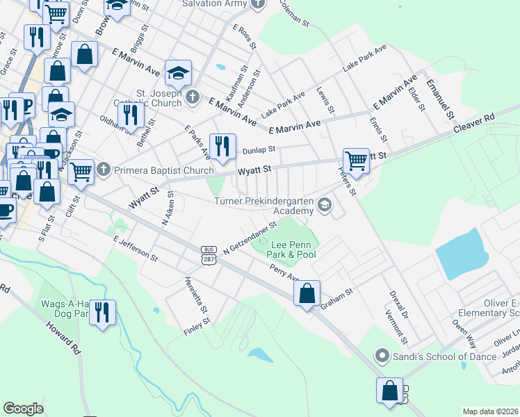 map of restaurants, bars, coffee shops, grocery stores, and more near 317 Henry Street in Waxahachie