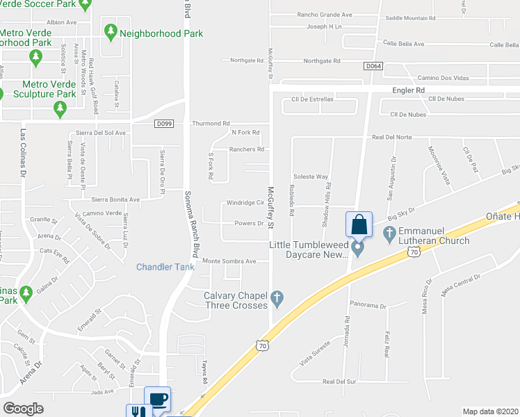 map of restaurants, bars, coffee shops, grocery stores, and more near 4097 Windridge Circle in Las Cruces