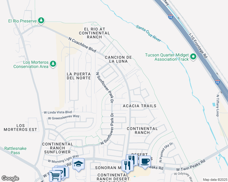 map of restaurants, bars, coffee shops, grocery stores, and more near 9721 North Sandy Mesa Place in Tucson