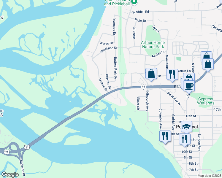 map of restaurants, bars, coffee shops, grocery stores, and more near 401 Island Pines in Port Royal