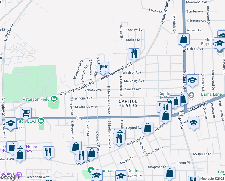 map of restaurants, bars, coffee shops, grocery stores, and more near 1802 Yancey Avenue in Montgomery