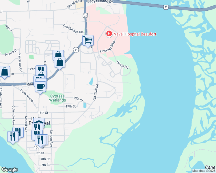 map of restaurants, bars, coffee shops, grocery stores, and more near 641 Fort Frederick Circle in Port Royal