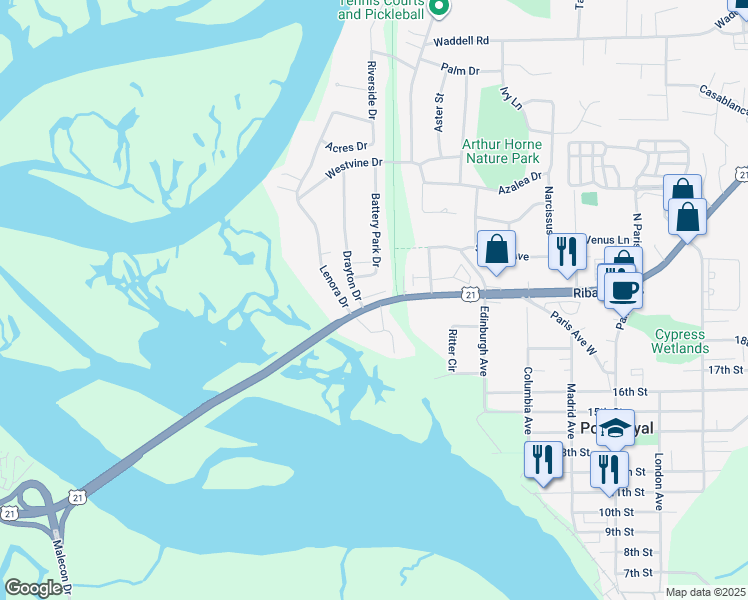 map of restaurants, bars, coffee shops, grocery stores, and more near 401 Island Pines in Port Royal