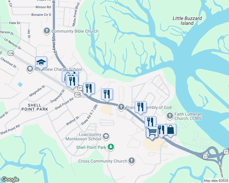 map of restaurants, bars, coffee shops, grocery stores, and more near 30 Presnell Cir in Beaufort