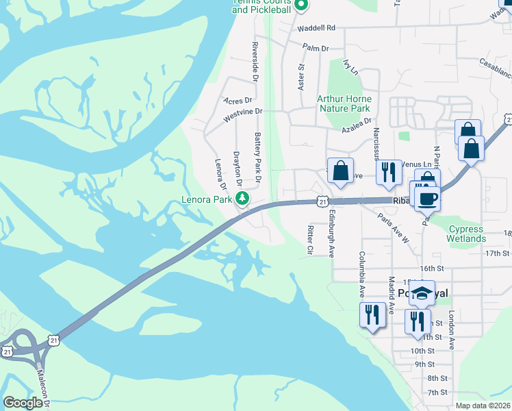 map of restaurants, bars, coffee shops, grocery stores, and more near 401 Island Pines in Port Royal