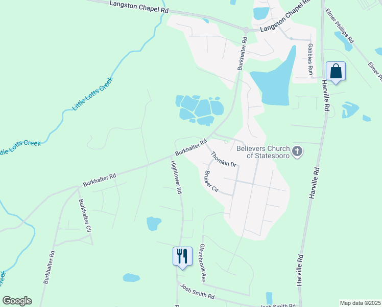 map of restaurants, bars, coffee shops, grocery stores, and more near 4868 Burkhalter Road in Statesboro