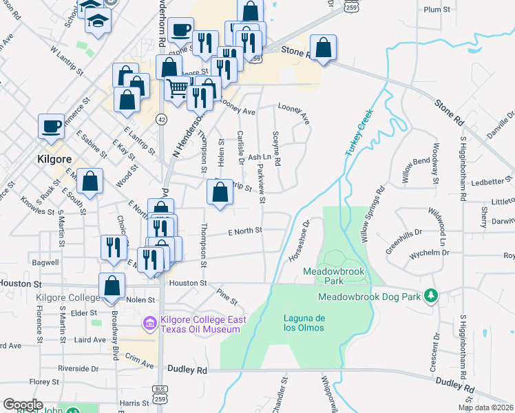 map of restaurants, bars, coffee shops, grocery stores, and more near 307 Parkview Street in Kilgore