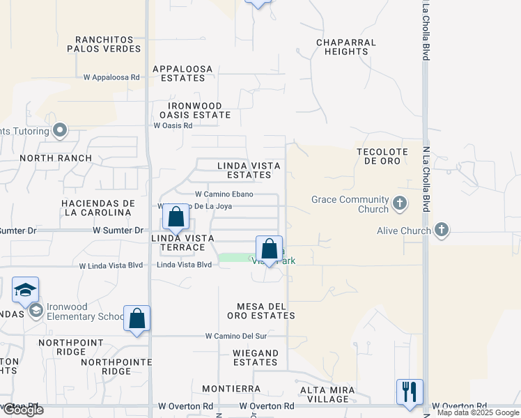 map of restaurants, bars, coffee shops, grocery stores, and more near 2540 West Camino Del Deseo in Tucson