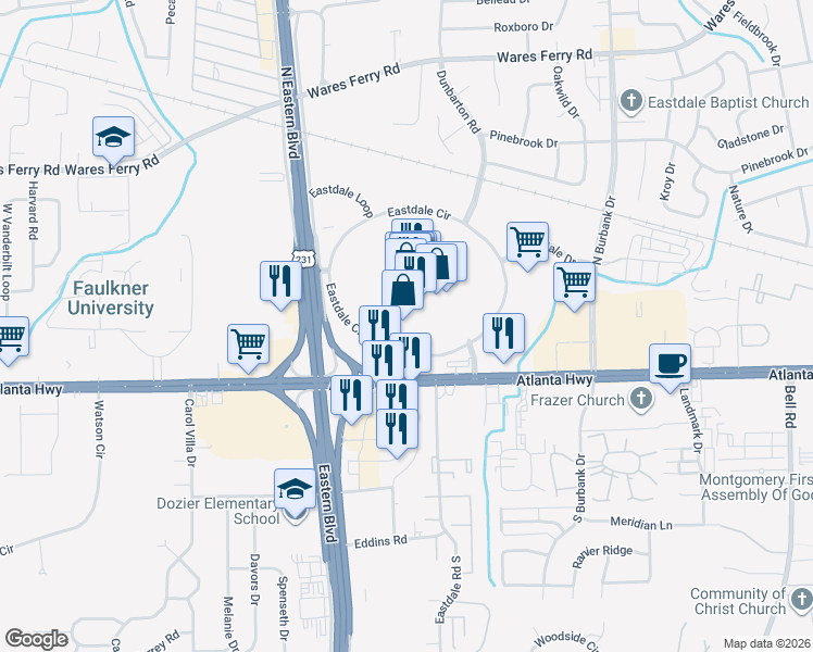 map of restaurants, bars, coffee shops, grocery stores, and more near 3727 Eastdale Circle in Montgomery