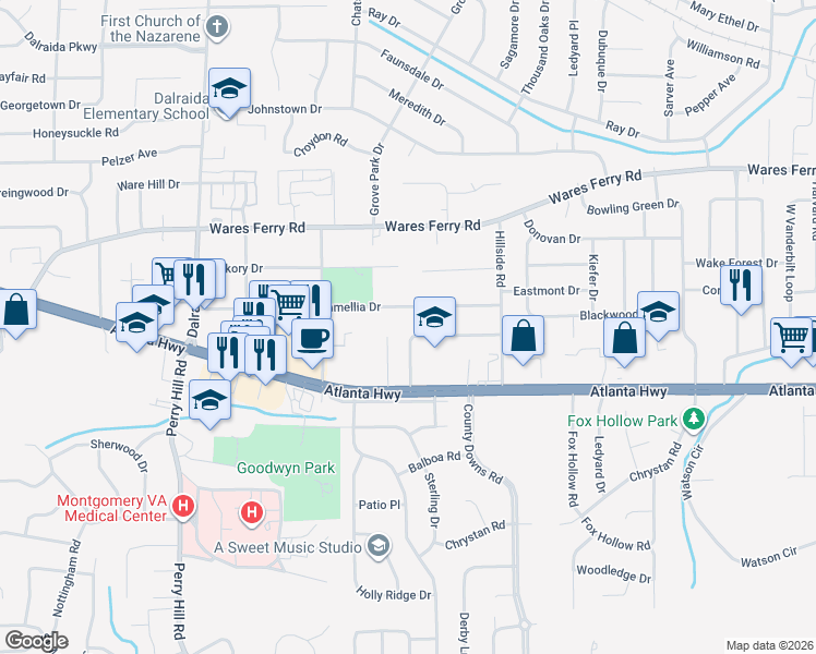 map of restaurants, bars, coffee shops, grocery stores, and more near 34 Van Allen Drive in Montgomery