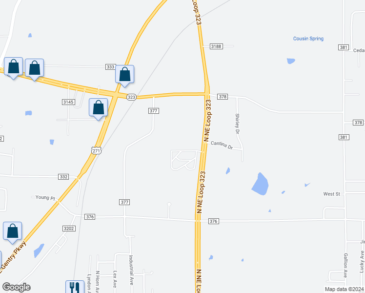 map of restaurants, bars, coffee shops, grocery stores, and more near 3400 North Northeast Loop 323 in Tyler