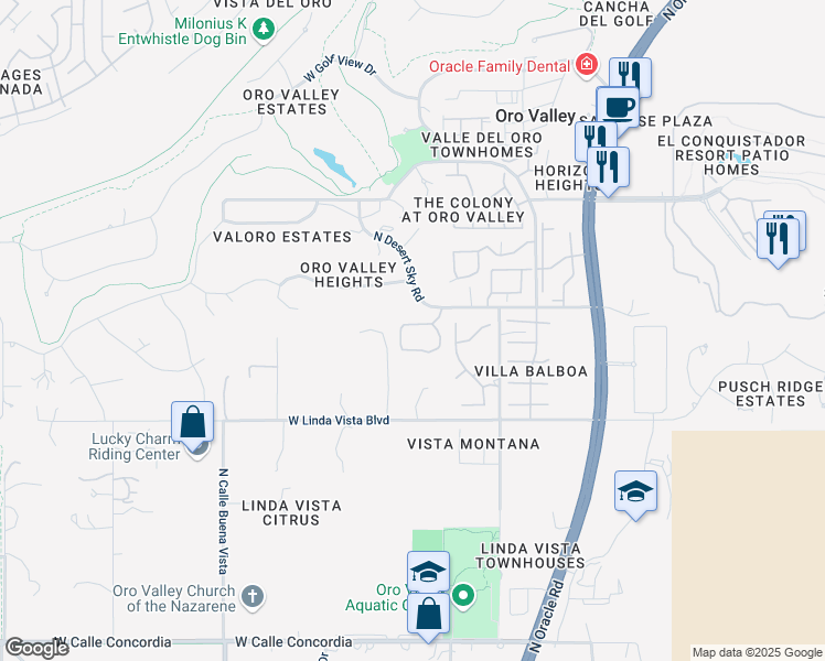 map of restaurants, bars, coffee shops, grocery stores, and more near 1 East Desert Sky Road in Tucson