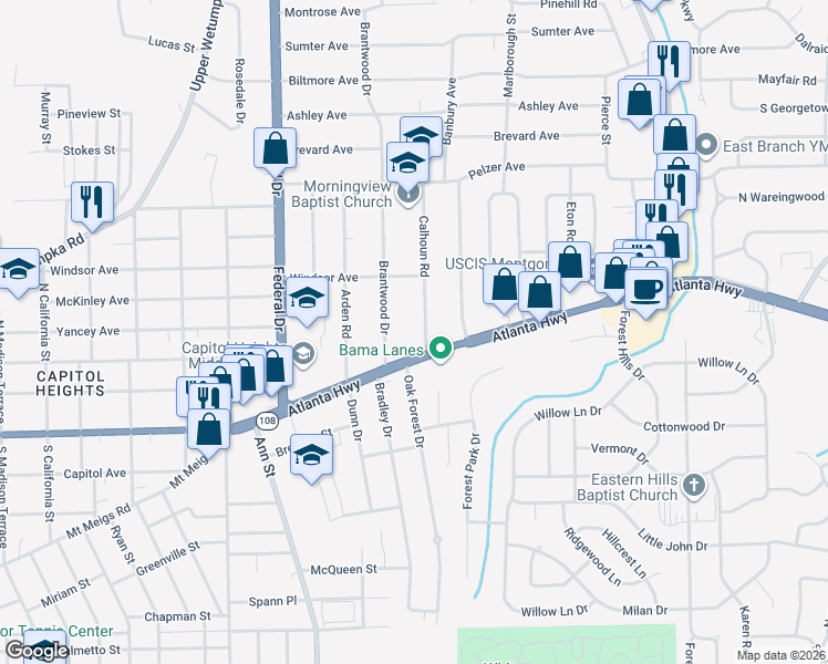 map of restaurants, bars, coffee shops, grocery stores, and more near 2 Calhoun Road in Montgomery