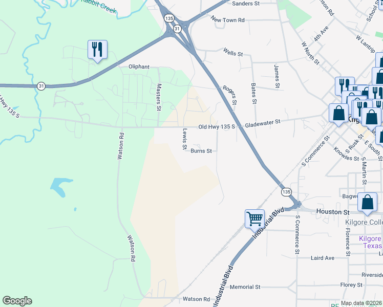 map of restaurants, bars, coffee shops, grocery stores, and more near 904 Burns Street in Kilgore