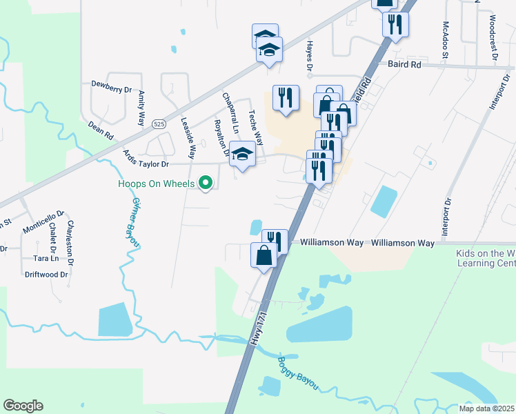 map of restaurants, bars, coffee shops, grocery stores, and more near 9700 Mansfield Road in Shreveport