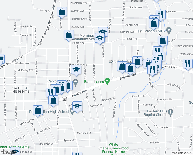 map of restaurants, bars, coffee shops, grocery stores, and more near 10 Brantwood Drive in Montgomery