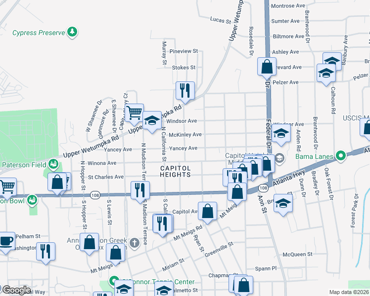 map of restaurants, bars, coffee shops, grocery stores, and more near 300 North Florida Street in Montgomery