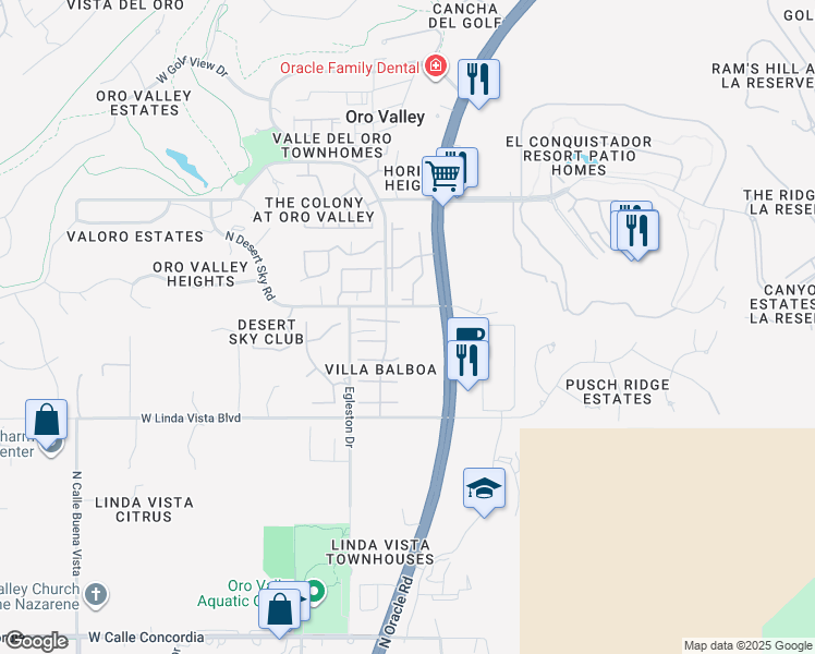 map of restaurants, bars, coffee shops, grocery stores, and more near 320 East Fieldcrest Lane in Tucson