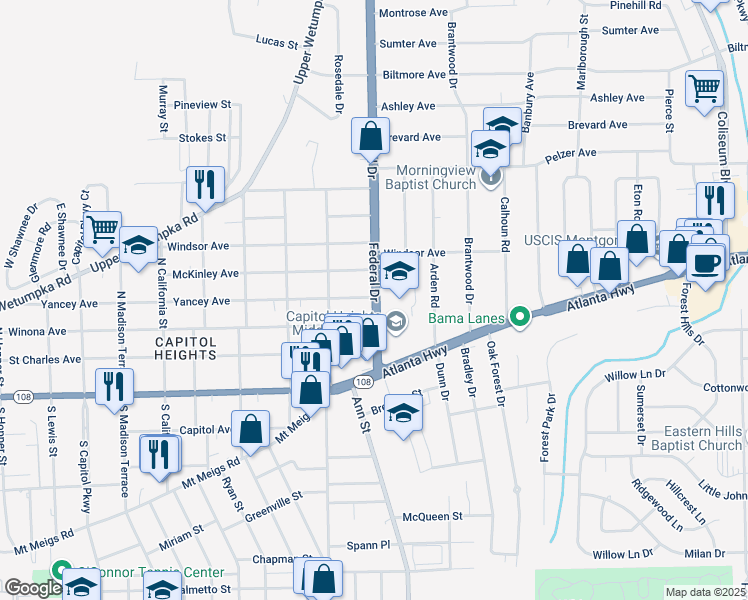 map of restaurants, bars, coffee shops, grocery stores, and more near in Montgomery