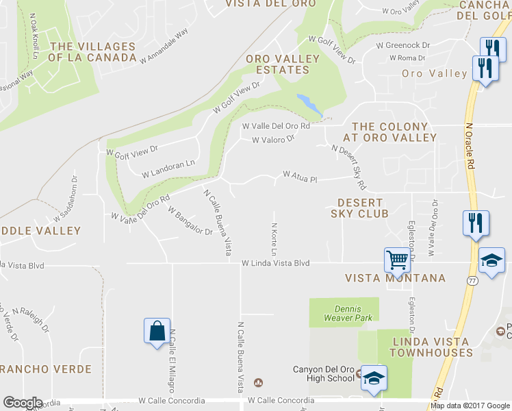 map of restaurants, bars, coffee shops, grocery stores, and more near 9799 North Korte Lane in Oro Valley