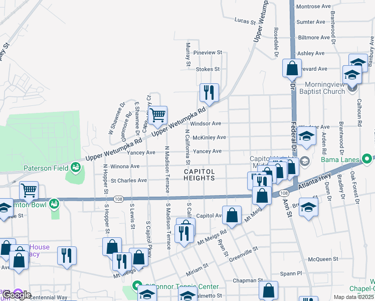 map of restaurants, bars, coffee shops, grocery stores, and more near 309 North California Street in Montgomery