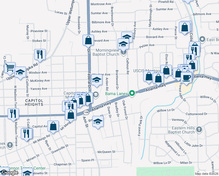 map of restaurants, bars, coffee shops, grocery stores, and more near 12 Arden Road in Montgomery