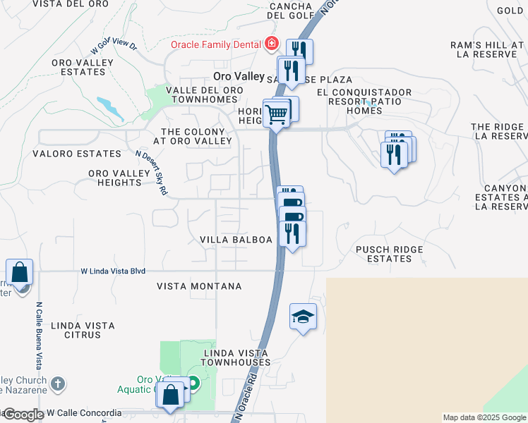 map of restaurants, bars, coffee shops, grocery stores, and more near North Oracle Road in Pima County