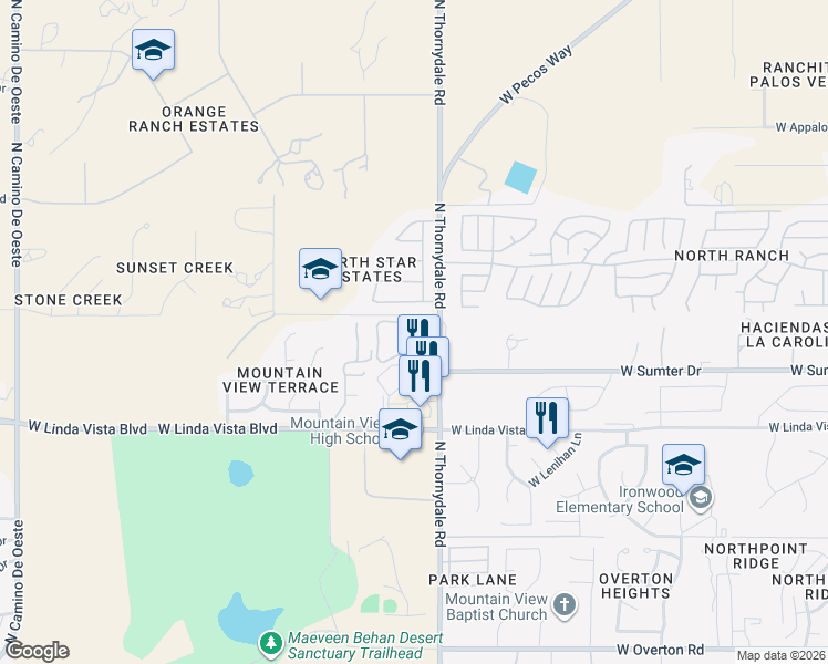 map of restaurants, bars, coffee shops, grocery stores, and more near 9777 North Thornydale Road in Tucson