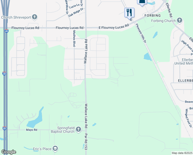 map of restaurants, bars, coffee shops, grocery stores, and more near 9595 Wallace Lake Road in Shreveport