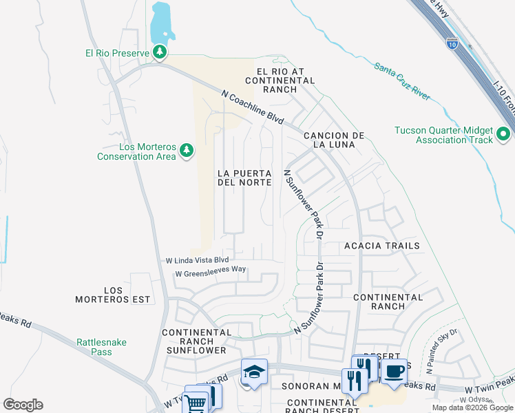 map of restaurants, bars, coffee shops, grocery stores, and more near 9700-9798 West Dos Rotundo Drive in Tucson