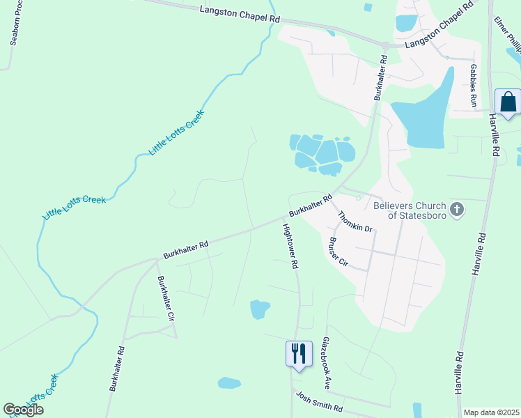 map of restaurants, bars, coffee shops, grocery stores, and more near 4649 Burkhalter Road in Statesboro