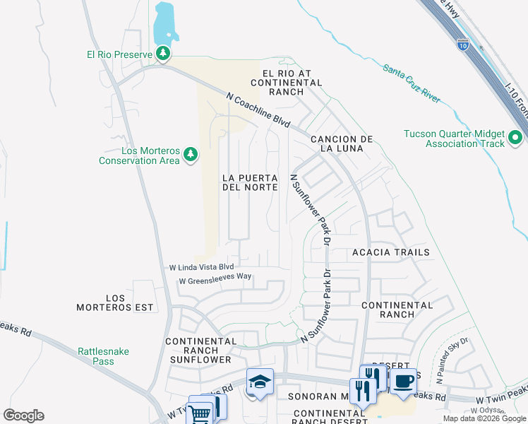 map of restaurants, bars, coffee shops, grocery stores, and more near 9700-9798 West Dos Rotundo Drive in Tucson
