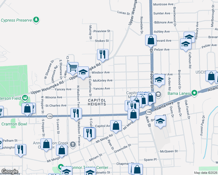 map of restaurants, bars, coffee shops, grocery stores, and more near 2028 Yancey Avenue in Montgomery