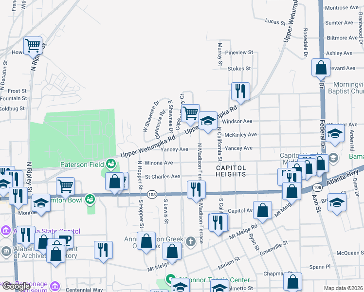 map of restaurants, bars, coffee shops, grocery stores, and more near 1701 Yancey Avenue in Montgomery