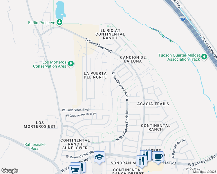 map of restaurants, bars, coffee shops, grocery stores, and more near 9781 North La Entrada in Tucson