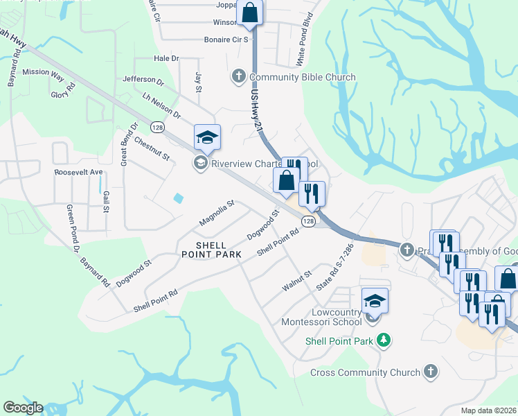 map of restaurants, bars, coffee shops, grocery stores, and more near 2001 State Road S-7-488 in Beaufort