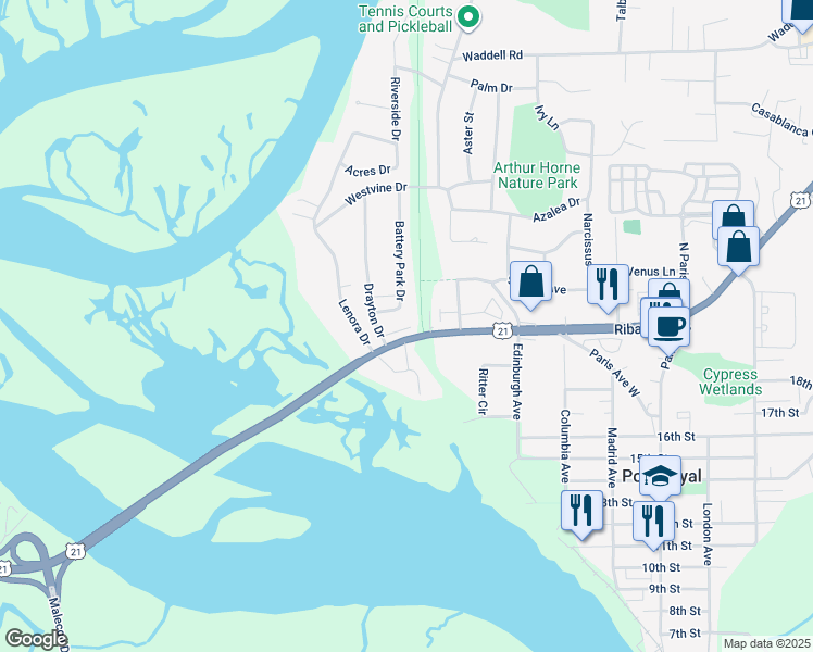 map of restaurants, bars, coffee shops, grocery stores, and more near 401 Island Pines in Port Royal